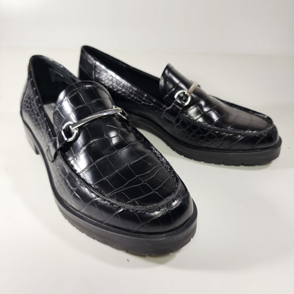 Steve Madden Women Croc Embossed Black Silver Horsebit Loafers Size 9 Shoes